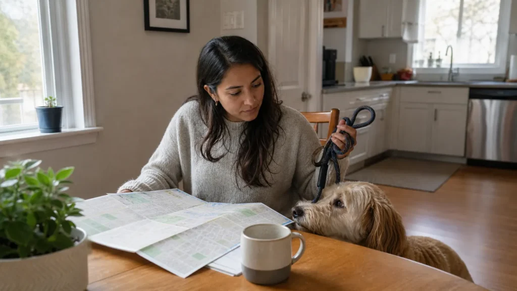 A dog owner planning a Brampton walk with a map at a kitchen table