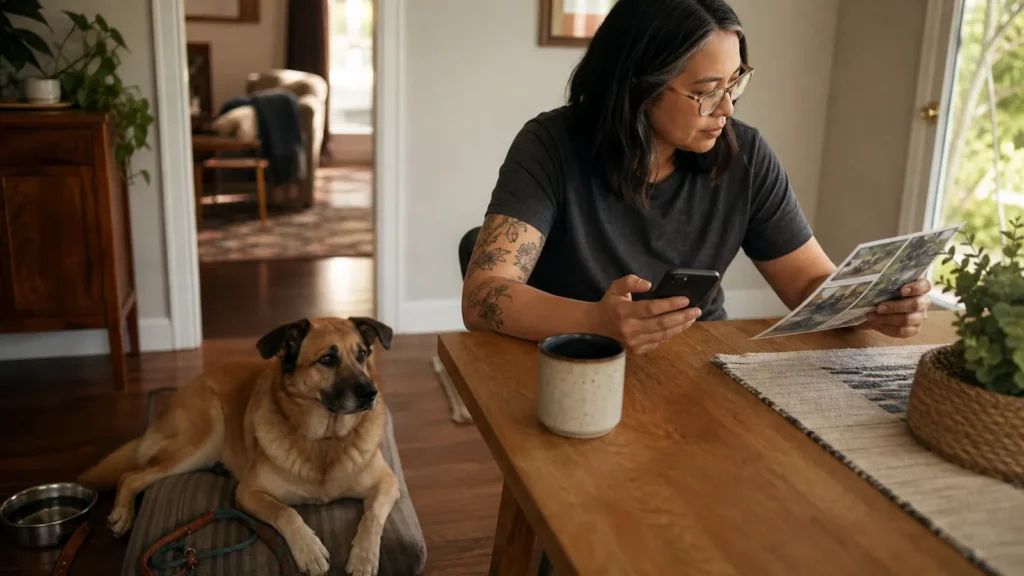 A dog owner checking community event details beside a relaxed dog