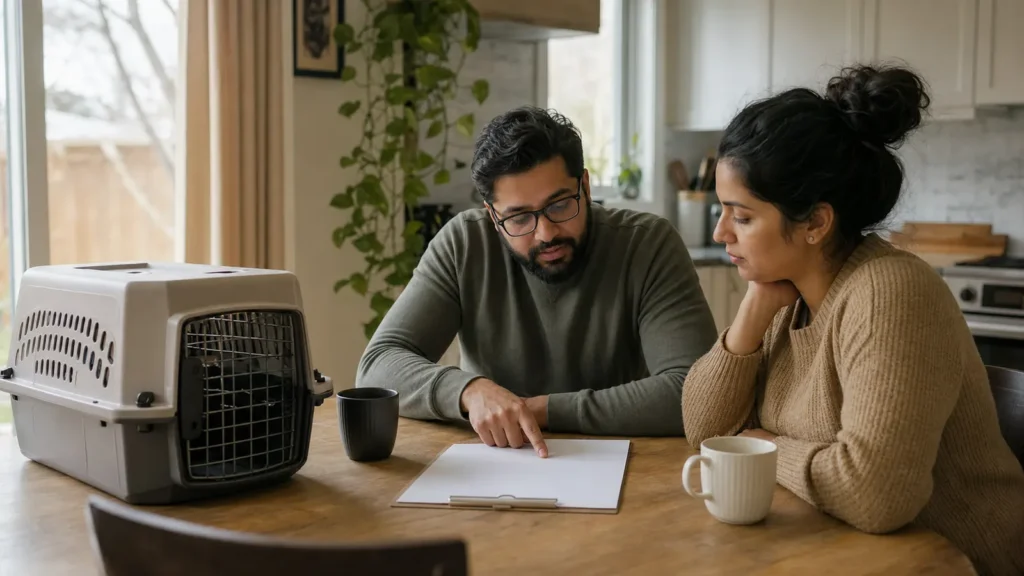 A family looking at an adoption profile beside an open pet carrier