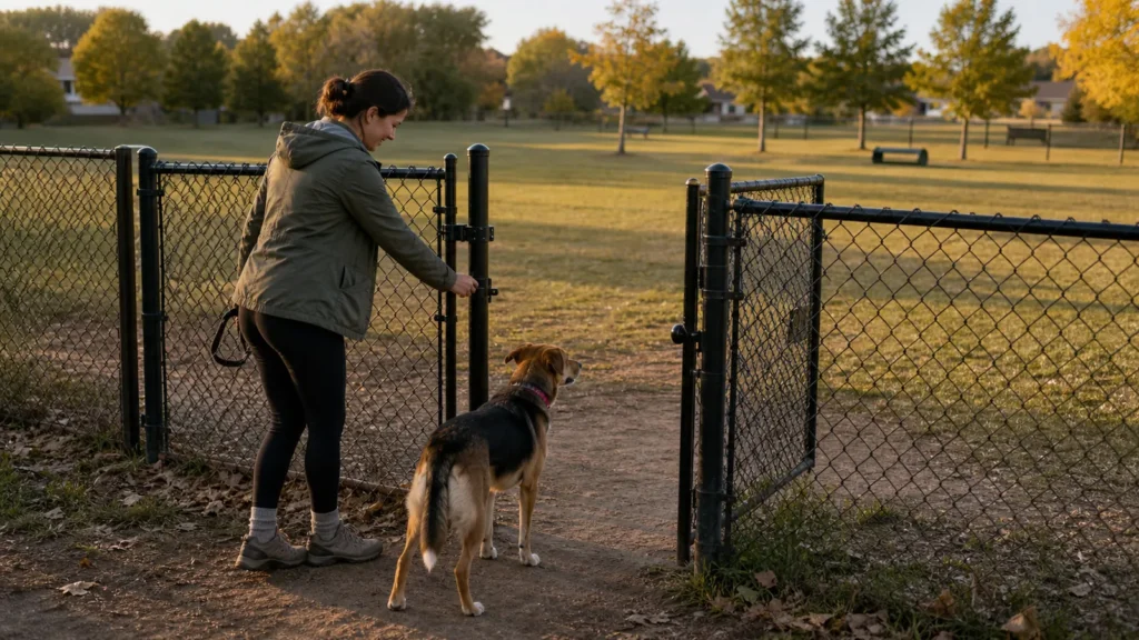 A dog and owner entering a fenced off-leash area in warm evening light