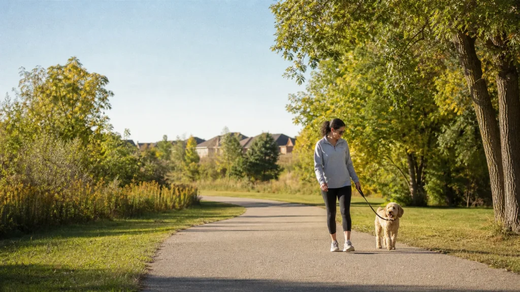 A dog owner walking a leashed dog on a paved suburban greenway