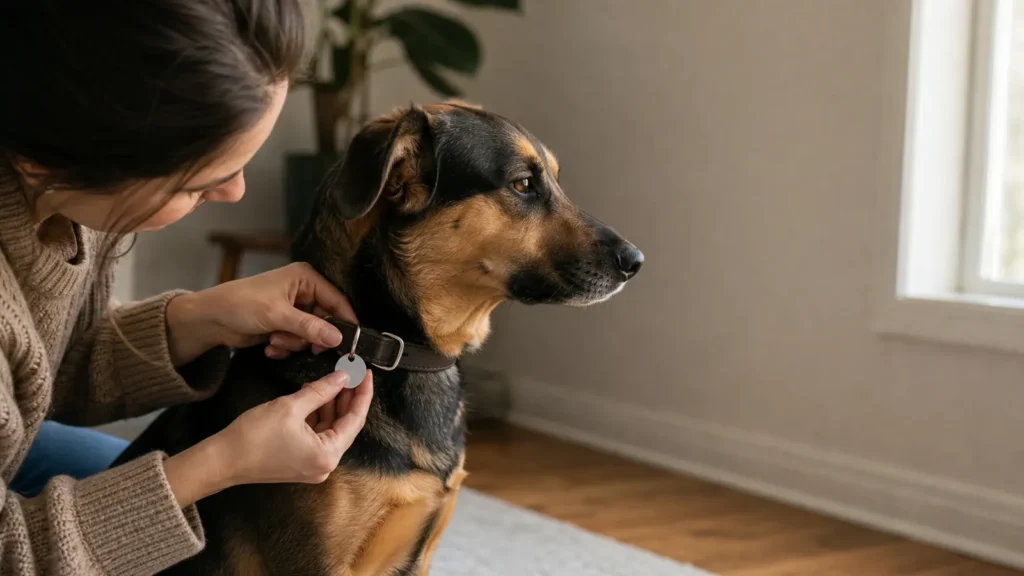 A pet owner attaching a generic licence tag to a dog's collar