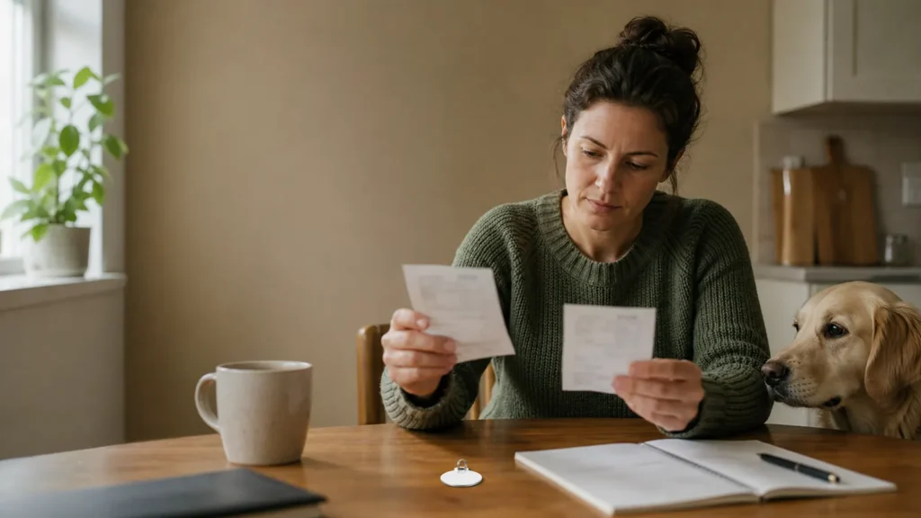 A pet owner comparing generic receipts beside a pet tag