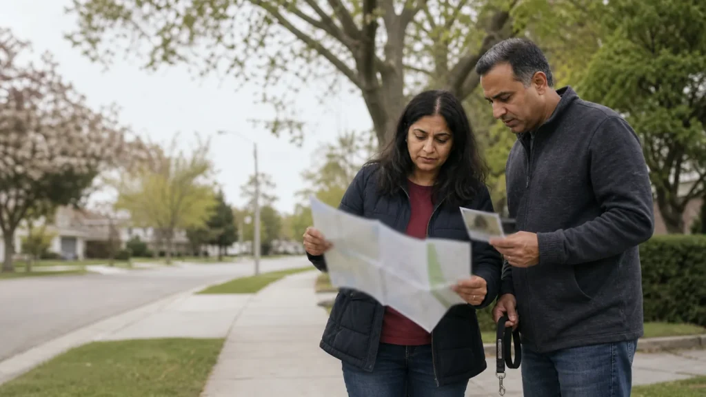 A family checking a neighbourhood route with a leash and recent pet photo