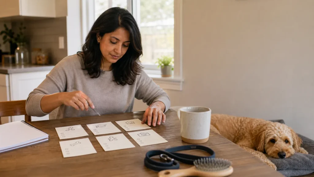 A pet owner organizing service notes at a kitchen table beside a calm dog