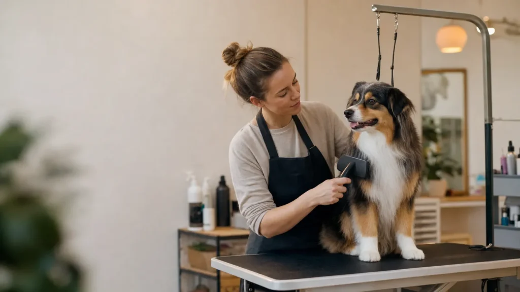 A groomer calmly brushing a dog in a clean generic grooming room