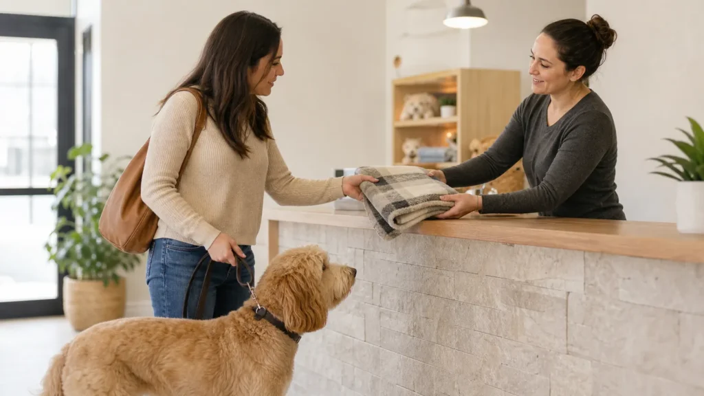 A dog owner handing a familiar blanket to a generic boarding attendant