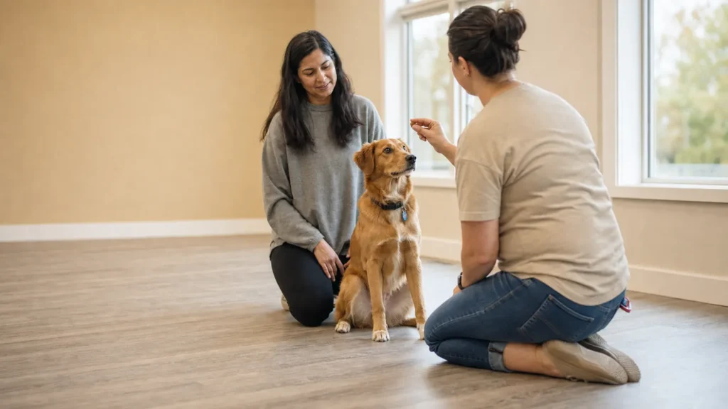 A trainer rewarding a calm dog for looking toward its owner