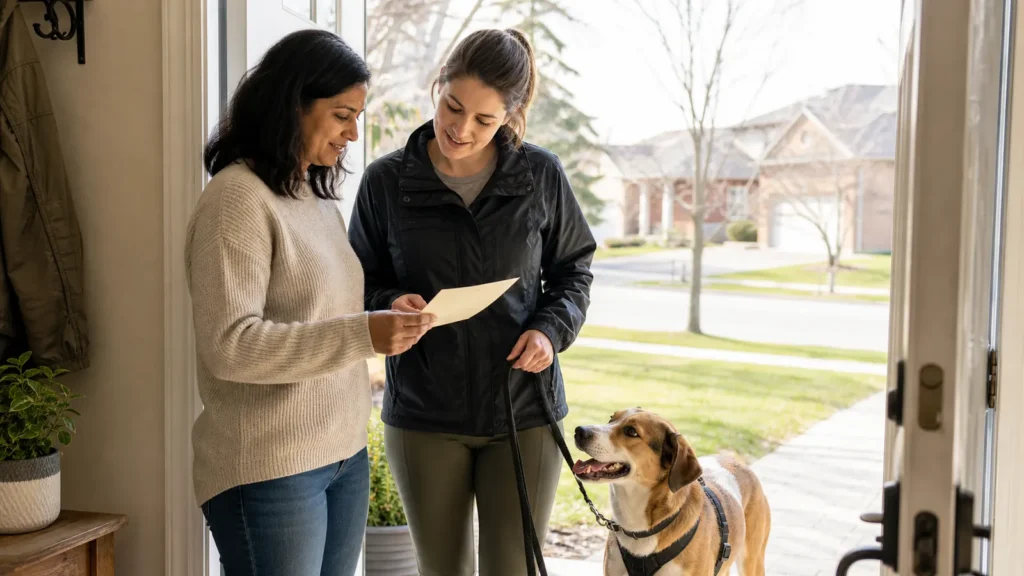 A dog walker and owner reviewing a handwritten care note at a doorway