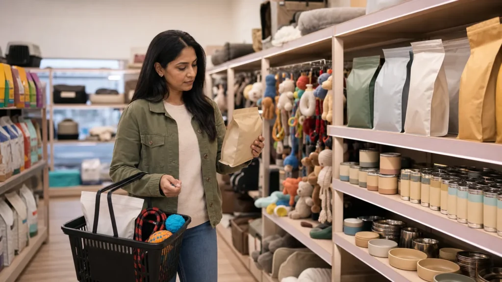 A pet owner choosing generic supplies in an unbranded pet-store aisle