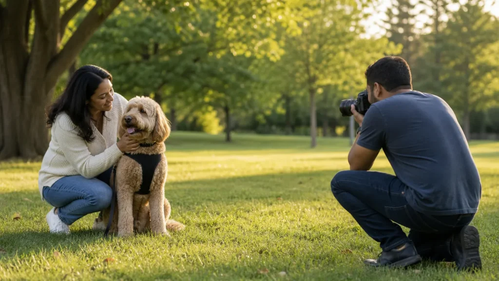 A photographer capturing a candid moment between a dog and their person outdoors