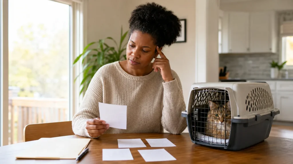 A pet owner comparing veterinary-care notes beside a calm cat in a secure carrier