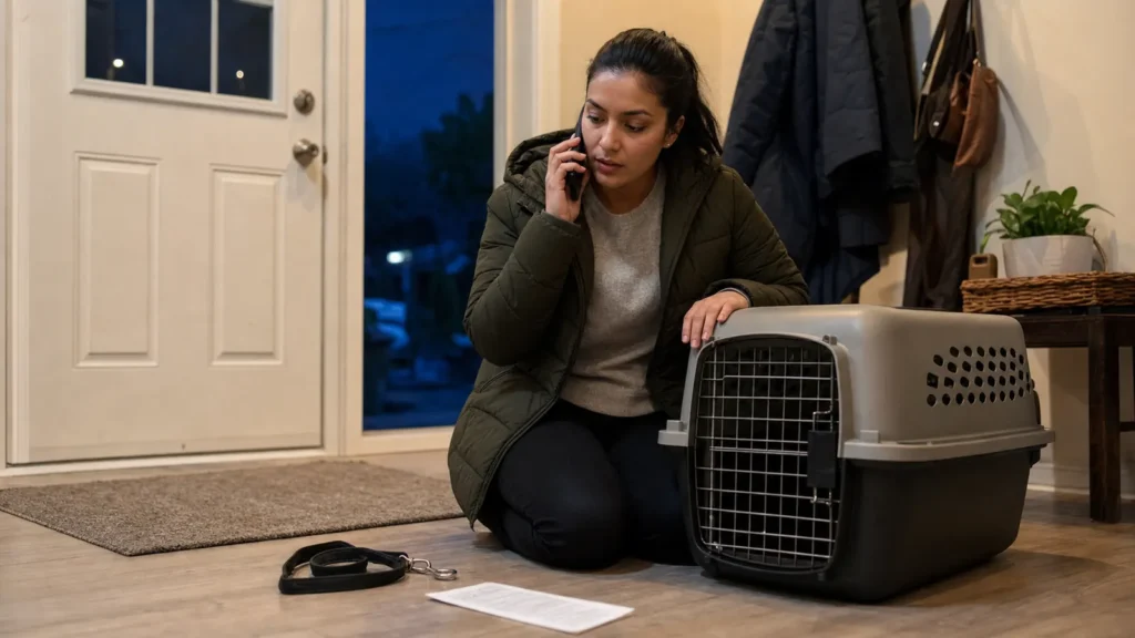 A pet owner calling an emergency veterinary hospital beside a secured carrier at night