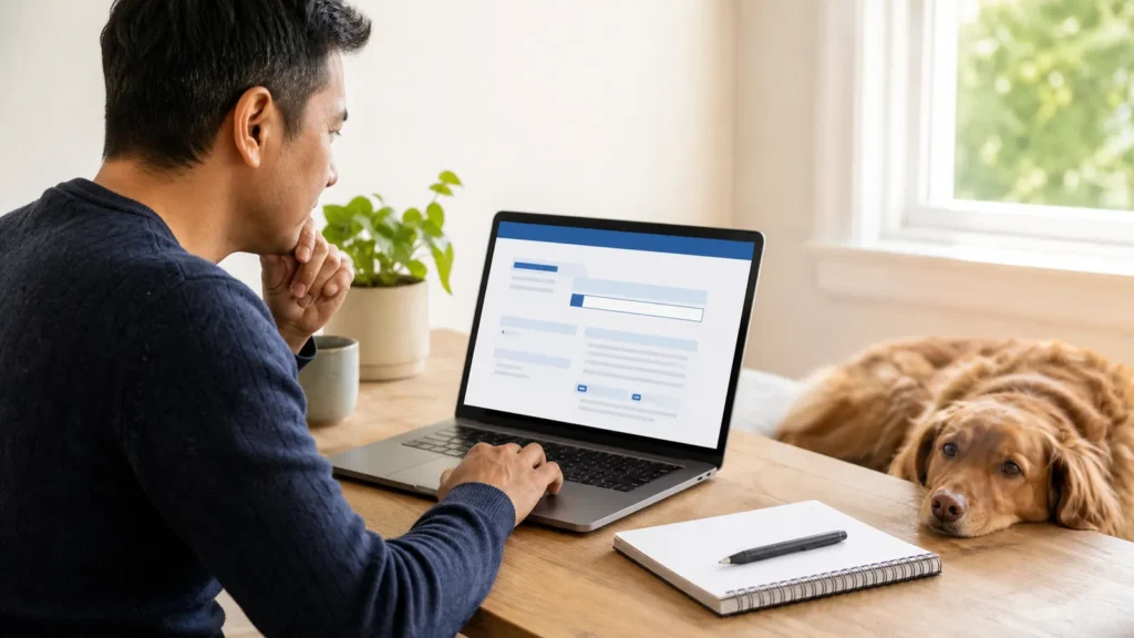 A pet owner checking Ontario's veterinary regulator website while a dog rests nearby