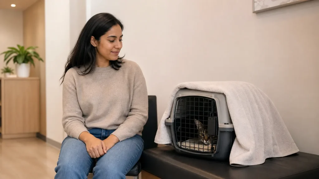 A cat owner waiting calmly with a covered carrier in a quiet veterinary reception area