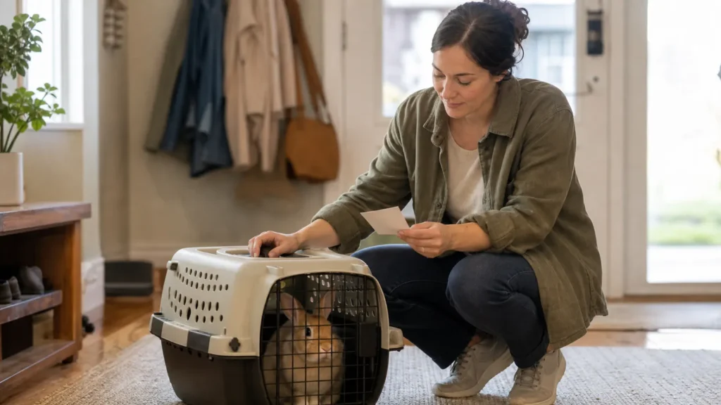 A pet owner securing a rabbit carrier while reviewing species-specific care notes