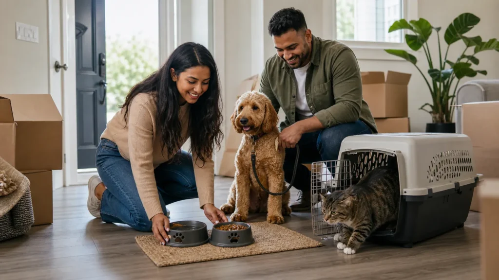 A family unpacking pet bowls and a carrier in a new home