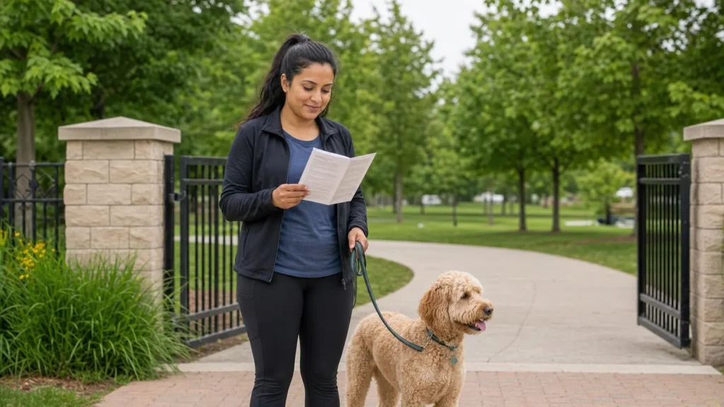 A pet owner reading a city-style handout while holding a leashed dog