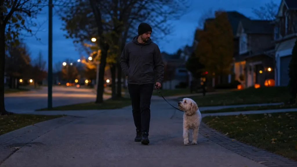 A dog and owner taking a quiet evening walk with subtle seasonal lights in the background